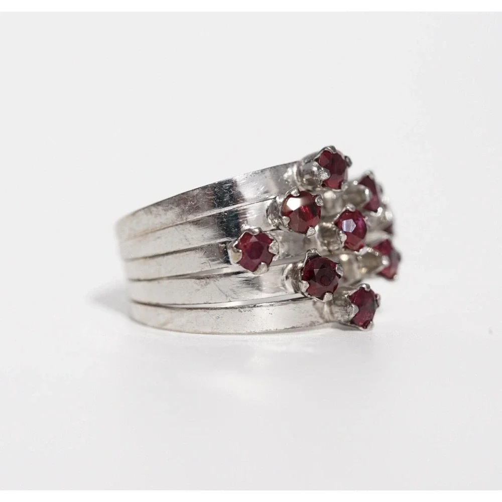Vintage 14k‎ Solid White Gold Natural Ruby Puzzle Ring - Rows Stacked Harem